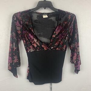 Y2K Eyeshadow 90s Top Womens XL Black Floral Burnout Velvet Sheer Top